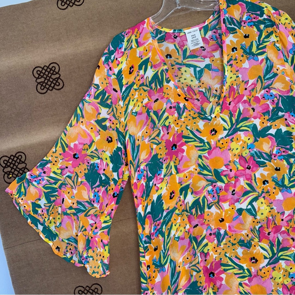 Anne Cole NWT! Women'S Floral-Print Sunshine Flounce V-Neck Tunic Cover-Up - Picture 4 of 15